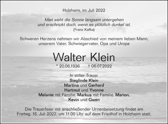 Traueranzeige von Walter Klein von NWZ Neue Württembergische Zeitung/Geislinger Zeitung