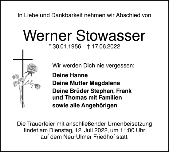 Traueranzeige von Werner Stowasser von SÜDWEST PRESSE Ausgabe Ulm/Neu-Ulm