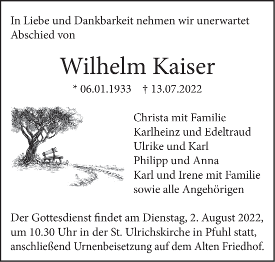 Traueranzeige von Wilhelm Kaiser von SÜDWEST PRESSE Ausgabe Ulm/Neu-Ulm