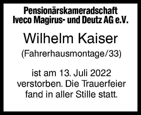 Traueranzeige von Wilhelm Kaiser von SÜDWEST PRESSE Ausgabe Ulm/Neu-Ulm