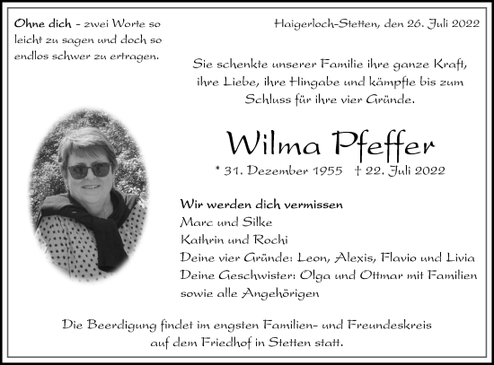 Traueranzeige von Wilma Pfeffer von Metzinger-Uracher Volksblatt