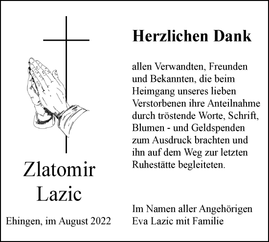 Traueranzeige von Zlatomir Lazic von Ehinger Tagblatt