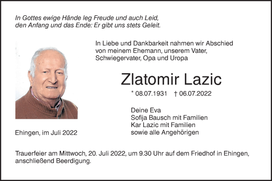 Traueranzeige von Zlatomir Lazic von Ehinger Tagblatt