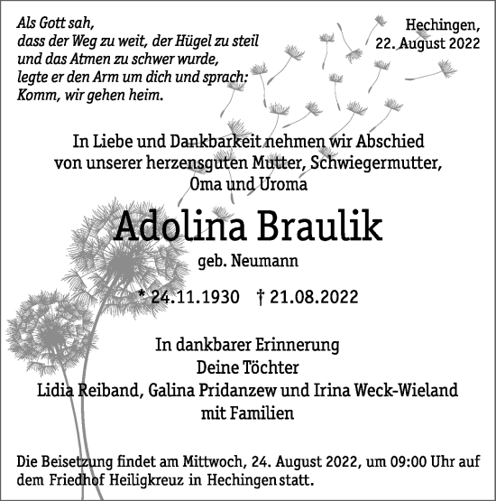 Traueranzeige von Adolina Braulik von Metzinger-Uracher Volksblatt