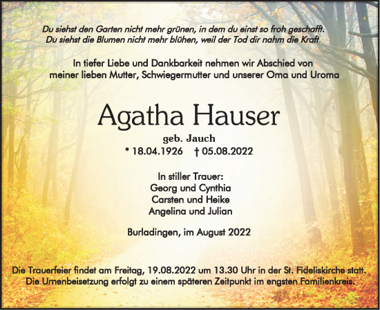 Traueranzeige von Agatha Hauser von Metzinger-Uracher Volksblatt