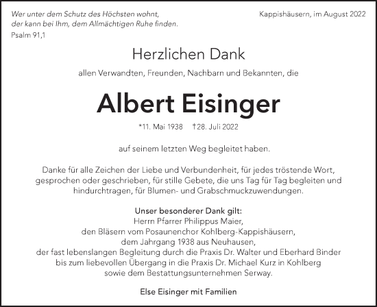 Traueranzeige von Albert Eisinger von Metzinger-Uracher Volksblatt