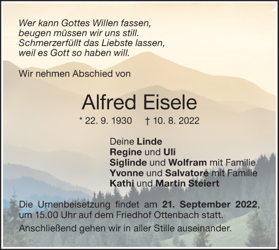 Traueranzeige von Alfred Eisele von NWZ Neue Württembergische Zeitung