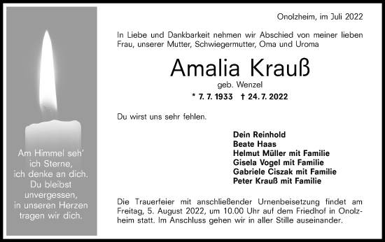 Traueranzeige von Amalia Krauß von Hohenloher Tagblatt