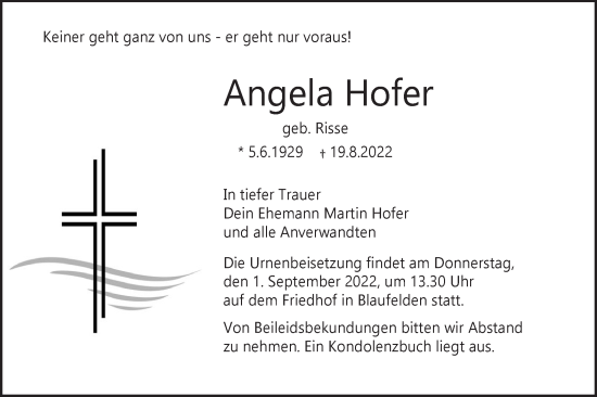 Traueranzeige von Angela Hofer von Hohenloher Tagblatt