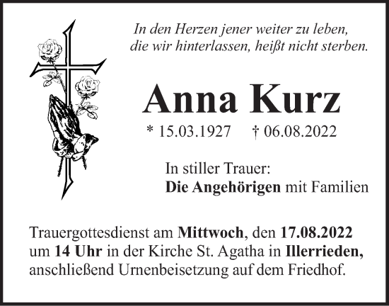 Traueranzeige von Anna Kurz von SÜDWEST PRESSE Ausgabe Ulm/Neu-Ulm