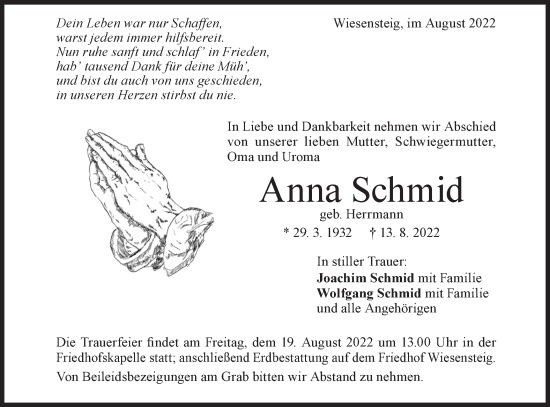 Traueranzeige von Anna Schmid von Geislinger Zeitung