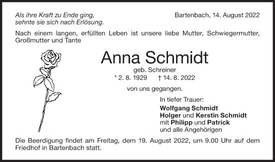 Traueranzeige von Anna Schmidt von NWZ Neue Württembergische Zeitung