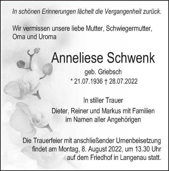 Traueranzeige von Anneliese Schwenk von SÜDWEST PRESSE Ausgabe Ulm/Neu-Ulm