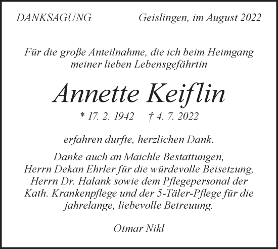 Traueranzeige von Annette Keiflin von Geislinger Zeitung