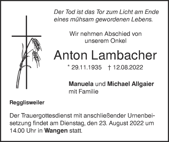 Traueranzeige von Anton Lambacher von SÜDWEST PRESSE Ausgabe Ulm/Neu-Ulm