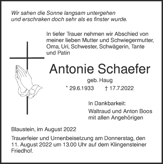 Traueranzeige von Antonie Schaefer von SÜDWEST PRESSE Ausgabe Ulm/Neu-Ulm