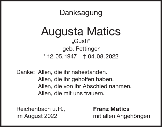 Traueranzeige von Augusta Matics von NWZ Neue Württembergische Zeitung