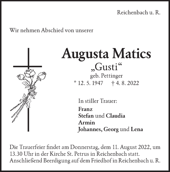 Traueranzeige von Augusta Matics von NWZ Neue Württembergische Zeitung