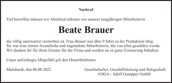 Traueranzeige von Beate Brauer von Haller Tagblatt