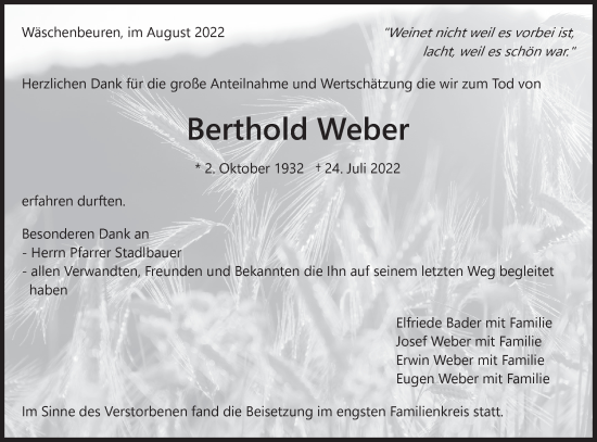 Traueranzeige von Berthold Weber von NWZ Neue Württembergische Zeitung