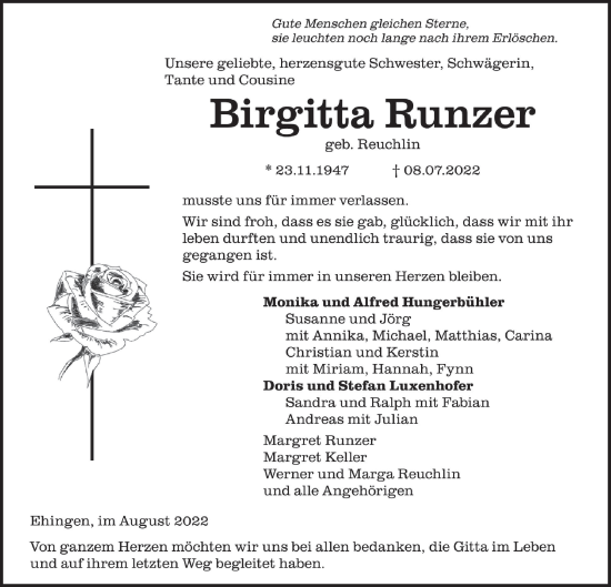 Traueranzeige von Birgitta Runzer von Ehinger Tagblatt