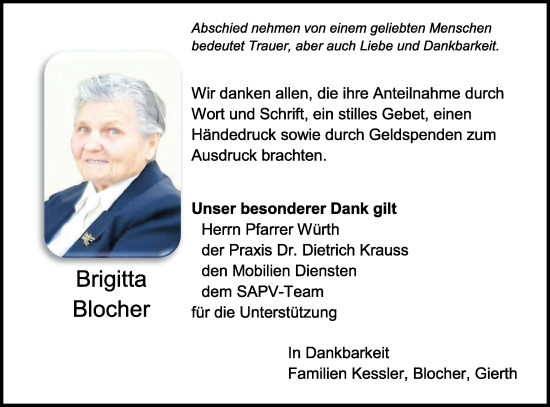 Traueranzeige von Brigitta Blocher von Metzinger-Uracher Volksblatt