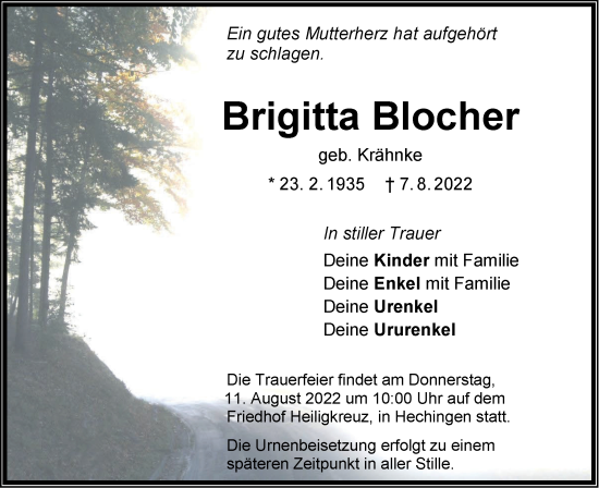 Traueranzeige von Brigitta Blocher von Metzinger-Uracher Volksblatt