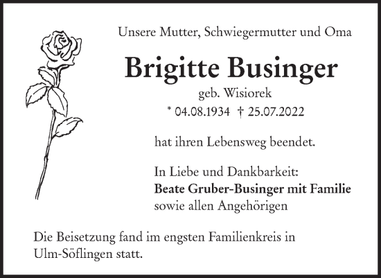 Traueranzeige von Brigitte Businger von SÜDWEST PRESSE Ausgabe Ulm/Neu-Ulm