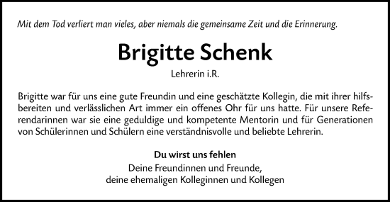 Traueranzeige von Brigitte Schenk von Metzinger-Uracher Volksblatt