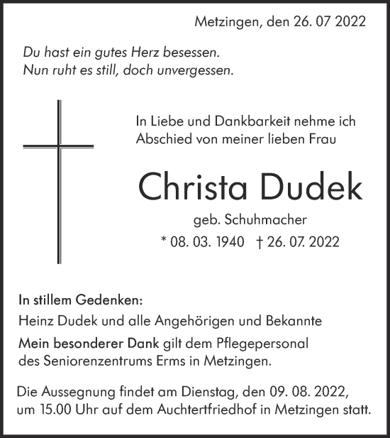 Traueranzeige von Christa Dudek von Metzinger-Uracher Volksblatt