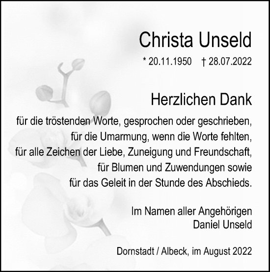 Traueranzeige von Christa Unseld von SÜDWEST PRESSE Ausgabe Ulm/Neu-Ulm