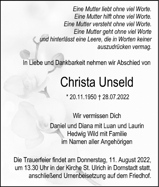 Traueranzeige von Christa Unseld von SÜDWEST PRESSE Ausgabe Ulm/Neu-Ulm