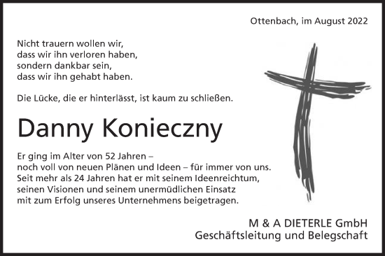 Traueranzeige von Danny Konieczny von NWZ Neue Württembergische Zeitung