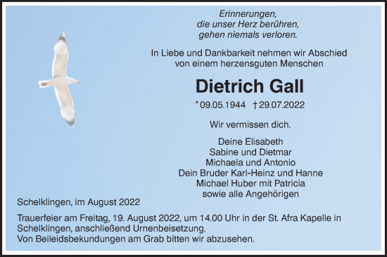 Traueranzeige von Dietrich Gall von SÜDWEST PRESSE Ausgabe Ulm/Neu-Ulm