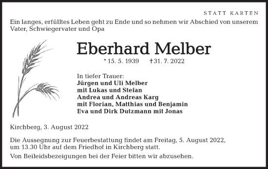 Traueranzeige von Eberhard Melber von Hohenloher Tagblatt