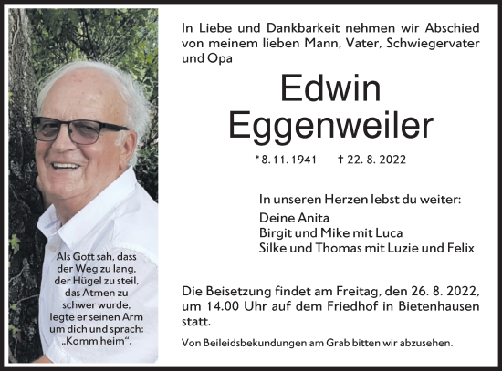 Traueranzeige von Edwin Eggenweiler von Metzinger-Uracher Volksblatt