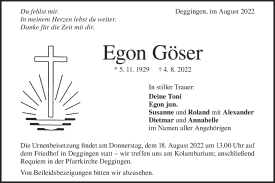 Traueranzeige von Egon Göser von Geislinger Zeitung