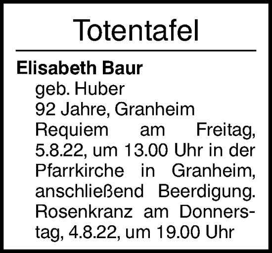 Traueranzeige von Elisabeth Baur von Ehinger Tagblatt