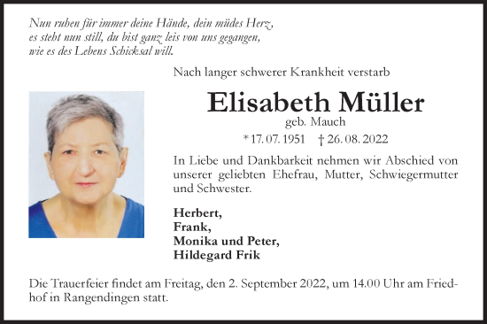 Traueranzeige von Elisabeth Müller von Metzinger-Uracher Volksblatt