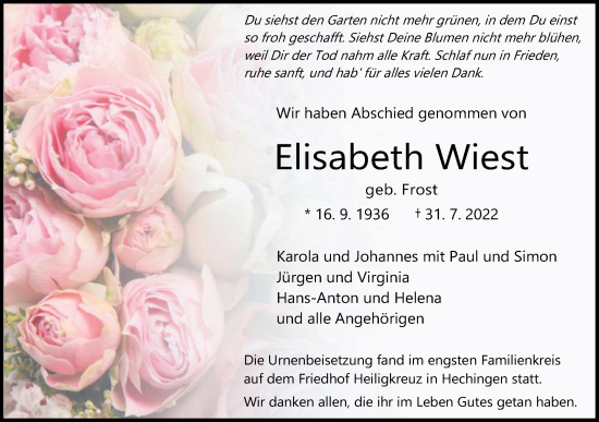 Traueranzeige von Elisabeth Wiest von Metzinger-Uracher Volksblatt