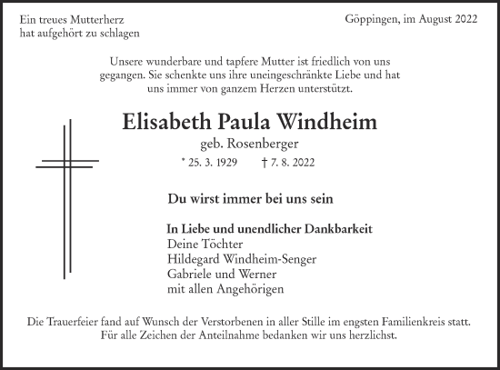 Traueranzeige von Elisabeth Paula Windheim von NWZ Neue Württembergische Zeitung