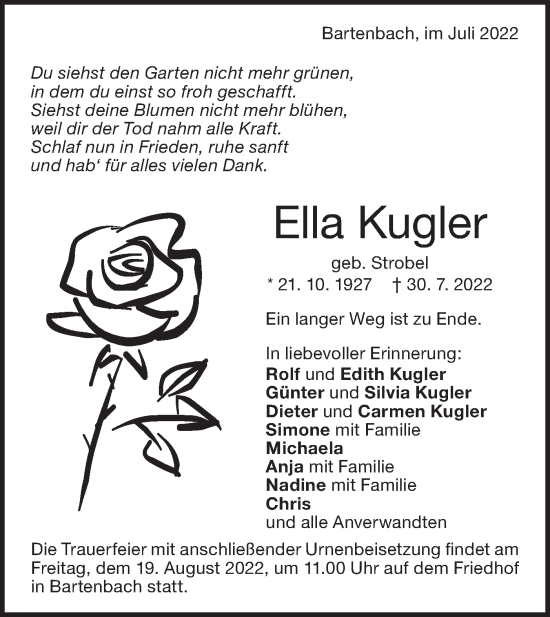 Traueranzeige von Ella Kugler von NWZ Neue Württembergische Zeitung