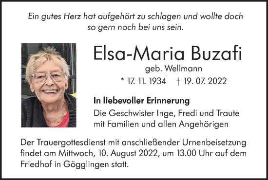 Traueranzeige von Elsa-Maria Buzafi von SÜDWEST PRESSE Ausgabe Ulm/Neu-Ulm