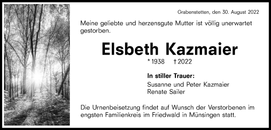 Traueranzeige von Elsbeth Kazmaier von Alb-Bote/Metzinger-Uracher Volksblatt