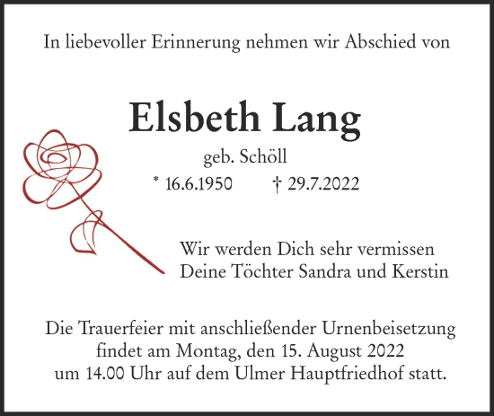 Traueranzeige von Elsbeth Lang von SÜDWEST PRESSE Ausgabe Ulm/Neu-Ulm