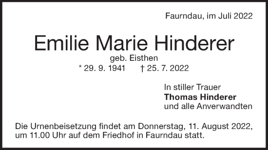 Traueranzeige von Emilie Marie Hinderer von NWZ Neue Württembergische Zeitung