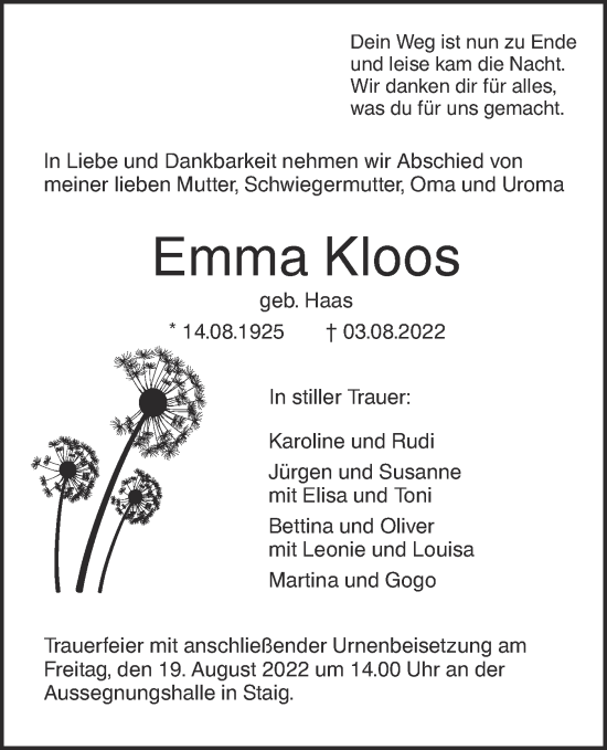 Traueranzeige von Emma Kloos von SÜDWEST PRESSE Ausgabe Ulm/Neu-Ulm