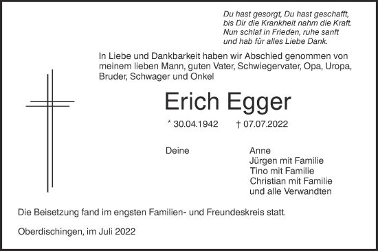 Traueranzeige von Erich Egger von Ehinger Tagblatt