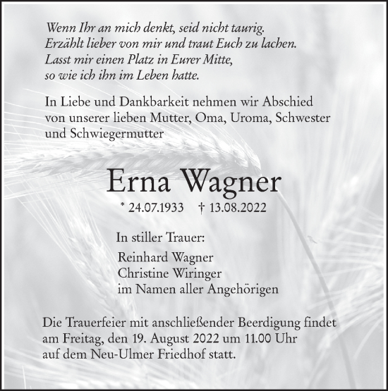 Traueranzeige von Erna Wagner von SÜDWEST PRESSE Ausgabe Ulm/Neu-Ulm