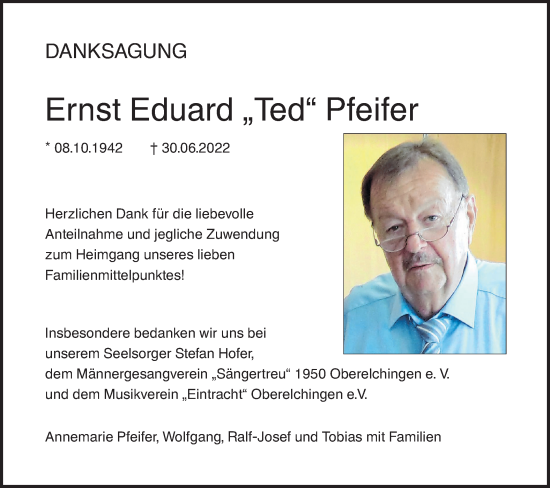 Traueranzeige von Ernst Eduard Pfeifer von SÜDWEST PRESSE Ausgabe Ulm/Neu-Ulm